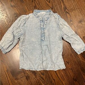 Jane & Delancey Ruffle Trim Chambray Snap Front Blouse – Size L
